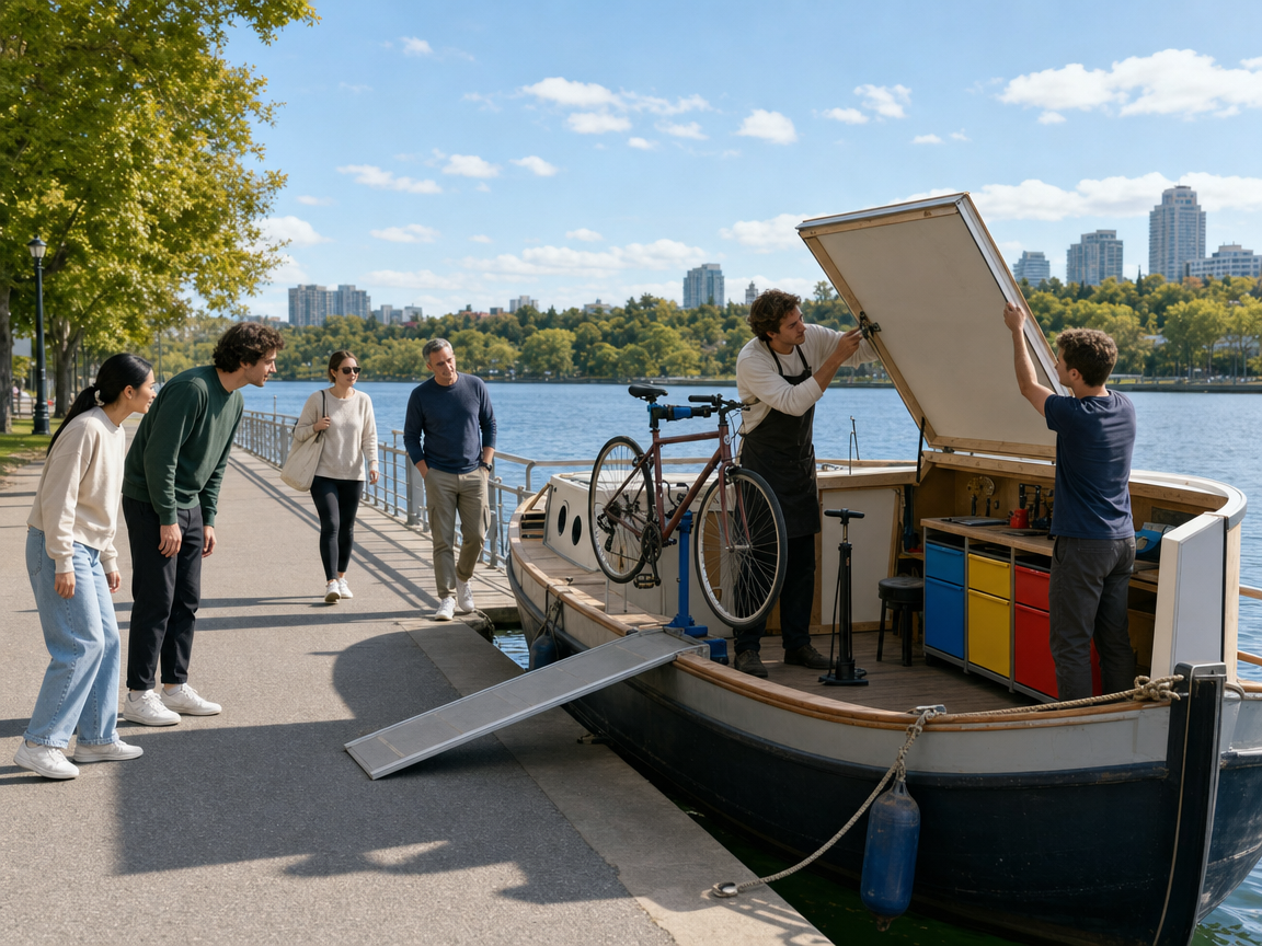 People reacting to an unusual boat-mounted bicycle workshop along a waterfront path.