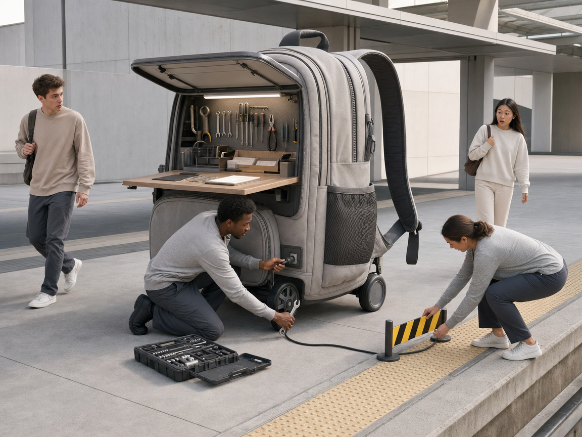 People reacting to an unusual giant backpack repair booth at a transit plaza.