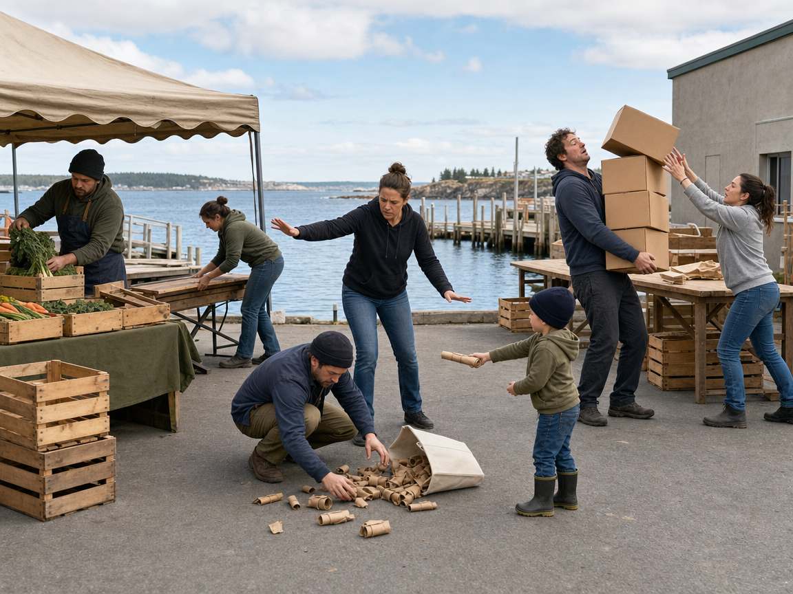 People responding to several connected activities and a volunteer carrying too many boxes at a waterfront market.