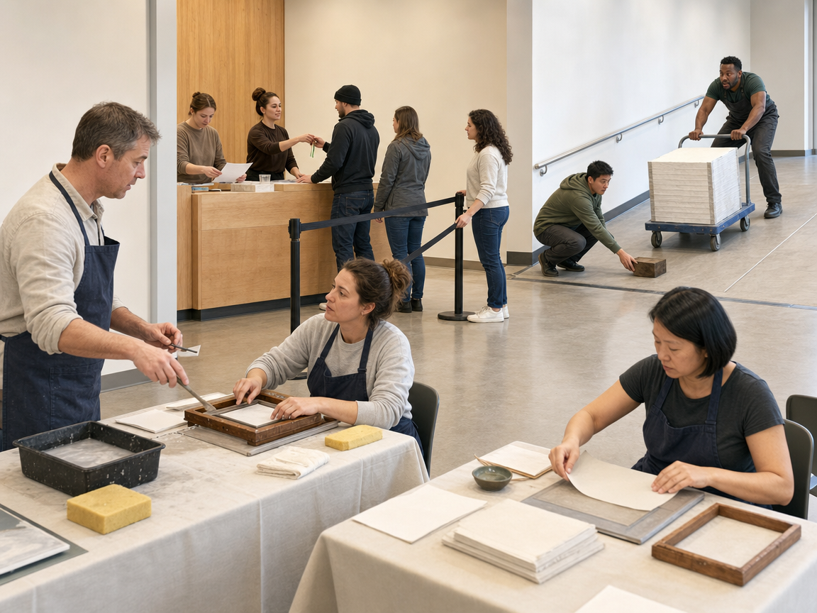 People responding to several connected activities and a cart rolling down a slight slope at a public workshop.
