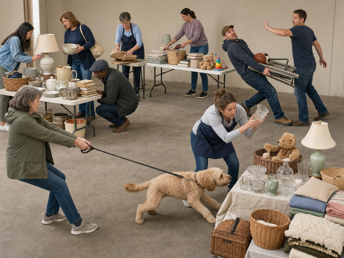 People responding to several connected activities and a dog pulling away from its owner at a community sale.