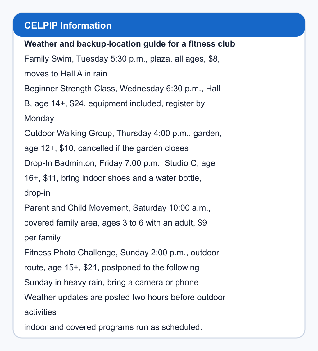 Weather and backup-location guide for a fitness club. Family Swim, Tuesday 5:30 p.m., plaza, all ages, $8, moves to Hall A in rain; Beginner Strength Class, Wednesday 6:30 p.m., Hall B, age 14+, $24, equipment included, register by Monday; Outdoor Walking Group, Thursday 4:00 p.m., garden, age 12+, $10, cancelled if the garden closes; Drop-In Badminton, Friday 7:00 p.m., Studio C, age 16+, $11, bring indoor shoes and a water bottle, drop-in; Parent and Child Movement, Saturday 10:00 a.m., covered family area, ages 3 to 6 with an adult, $9 per family; Fitness Photo Challenge, Sunday 2:00 p.m., outdoor route, age 15+, $21, postponed to the following Sunday in heavy rain, bring a camera or phone. Weather updates are posted two hours before outdoor activities; indoor and covered programs run as scheduled.