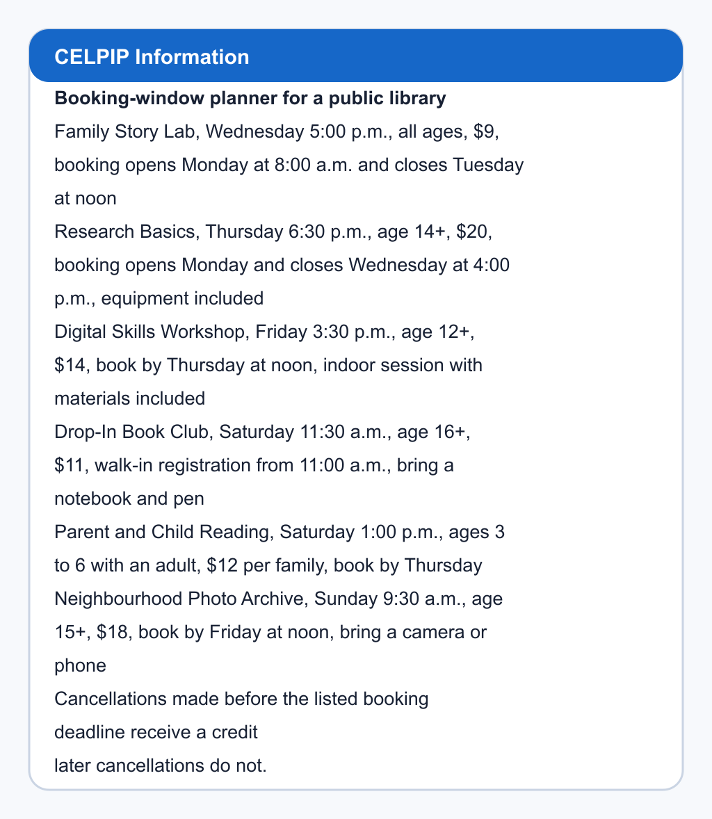 Booking-window planner for a public library. Family Story Lab, Wednesday 5:00 p.m., all ages, $9, booking opens Monday at 8:00 a.m. and closes Tuesday at noon; Research Basics, Thursday 6:30 p.m., age 14+, $20, booking opens Monday and closes Wednesday at 4:00 p.m., equipment included; Digital Skills Workshop, Friday 3:30 p.m., age 12+, $14, book by Thursday at noon, indoor session with materials included; Drop-In Book Club, Saturday 11:30 a.m., age 16+, $11, walk-in registration from 11:00 a.m., bring a notebook and pen; Parent and Child Reading, Saturday 1:00 p.m., ages 3 to 6 with an adult, $12 per family, book by Thursday; Neighbourhood Photo Archive, Sunday 9:30 a.m., age 15+, $18, book by Friday at noon, bring a camera or phone. Cancellations made before the listed booking deadline receive a credit; later cancellations do not.