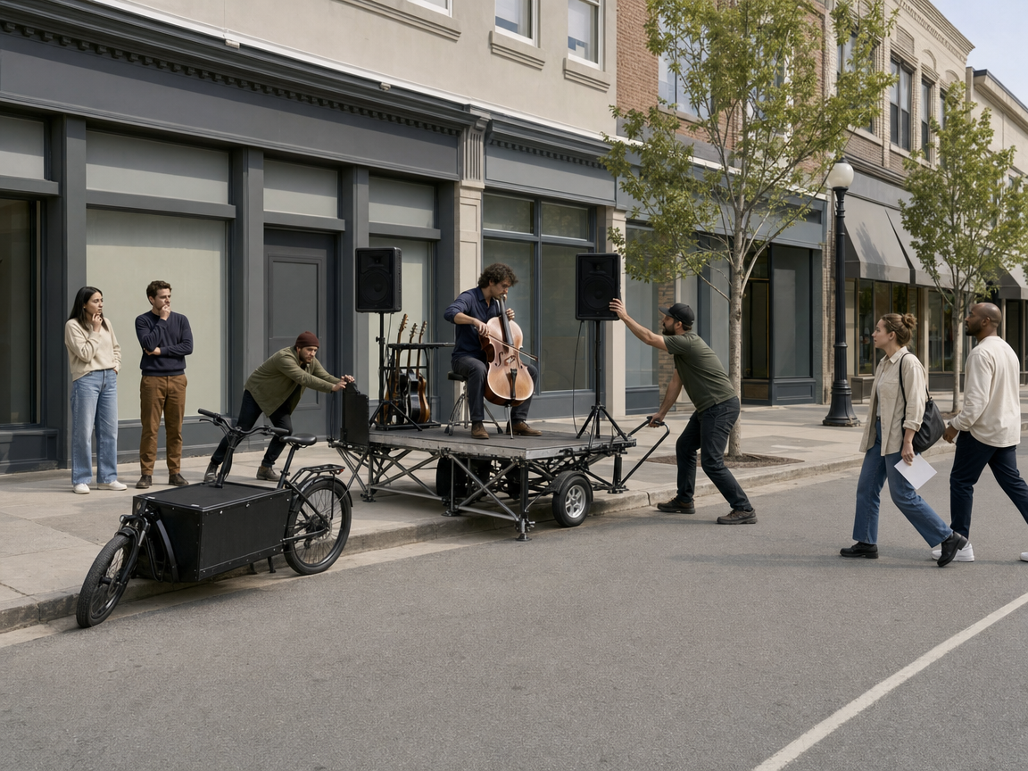 People reacting to an unusual bicycle-towed music stage on a shopping street.