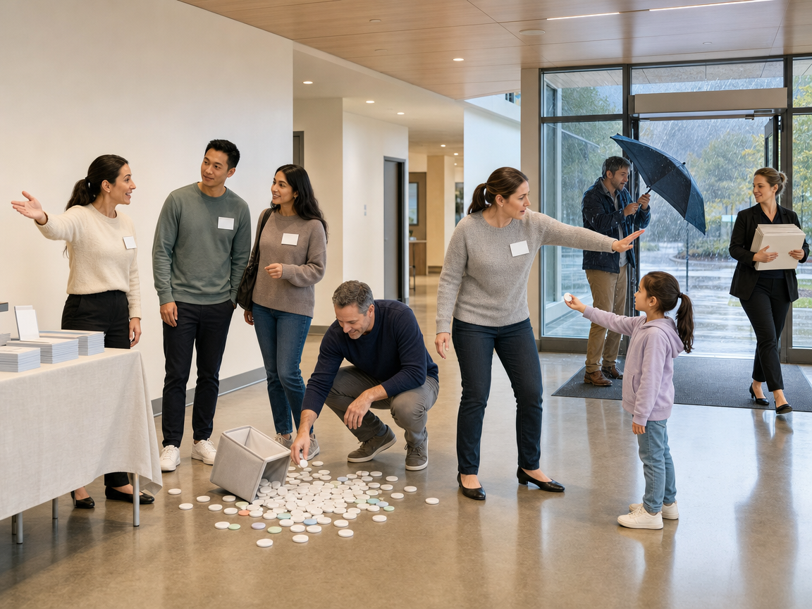 People responding to several connected activities and a sudden rain shower at a community-centre lobby.