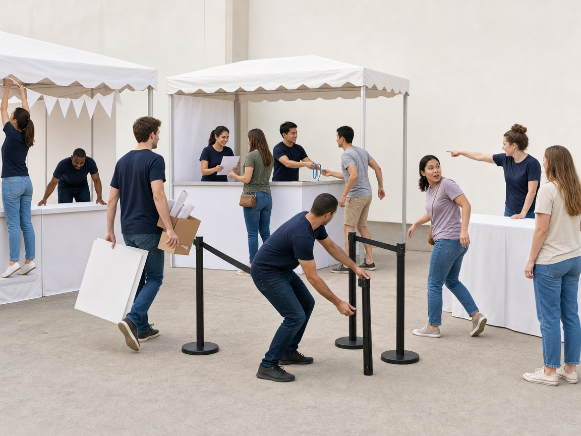 People responding to several connected activities and a queue forming in the wrong place at a festival entrance.