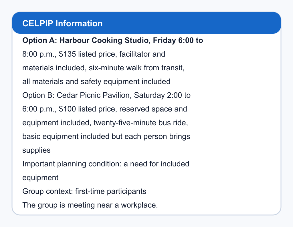 Comparison of Harbour Cooking Studio and Cedar Picnic Pavilion.