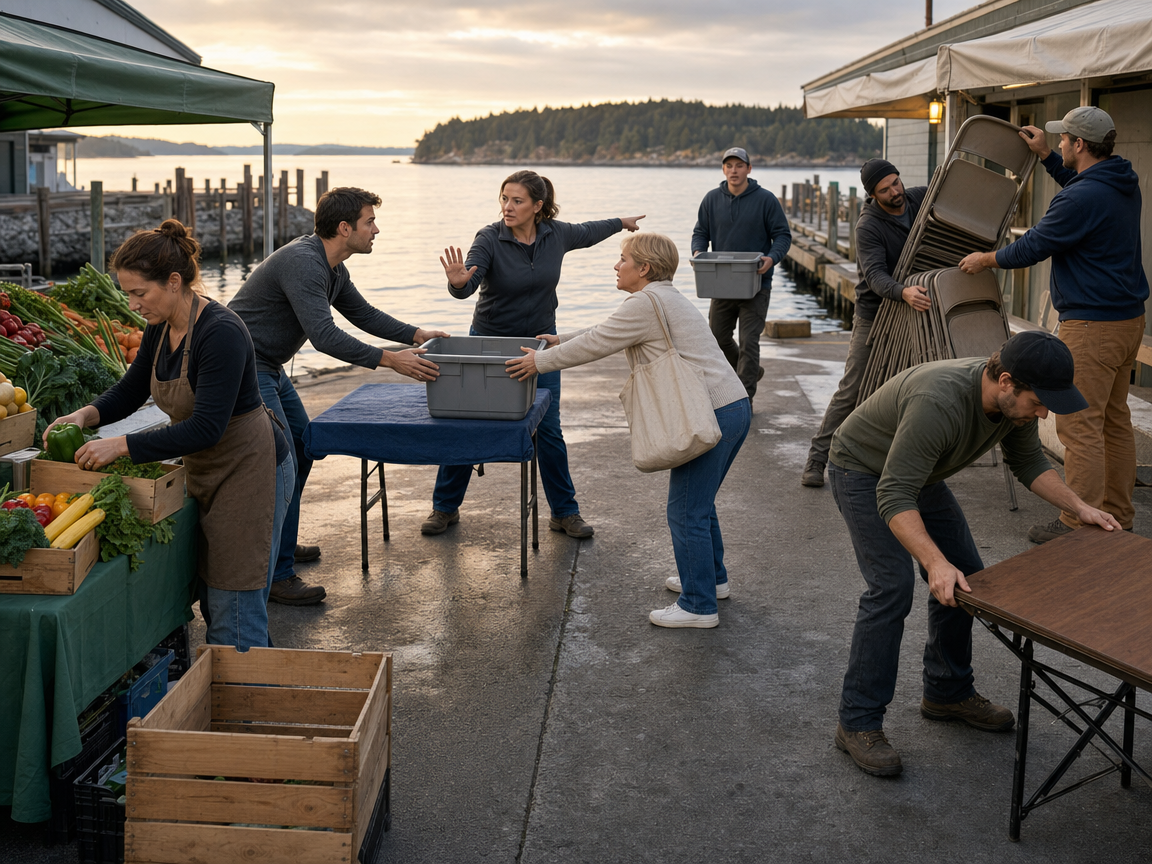 People responding to several connected activities and a stack of chairs becoming unstable at a waterfront market.