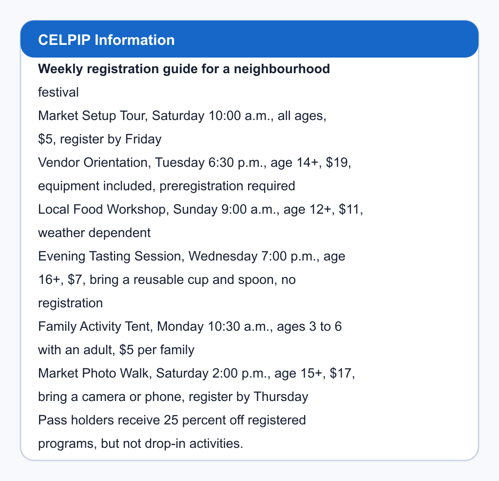 Weekly registration guide for a neighbourhood festival. Market Setup Tour, Saturday 10:00 a.m., all ages, $5, register by Friday; Vendor Orientation, Tuesday 6:30 p.m., age 14+, $19, equipment included, preregistration required; Local Food Workshop, Sunday 9:00 a.m., age 12+, $11, weather dependent; Evening Tasting Session, Wednesday 7:00 p.m., age 16+, $7, bring a reusable cup and spoon, no registration; Family Activity Tent, Monday 10:30 a.m., ages 3 to 6 with an adult, $5 per family; Market Photo Walk, Saturday 2:00 p.m., age 15+, $17, bring a camera or phone, register by Thursday. Pass holders receive 25 percent off registered programs, but not drop-in activities.