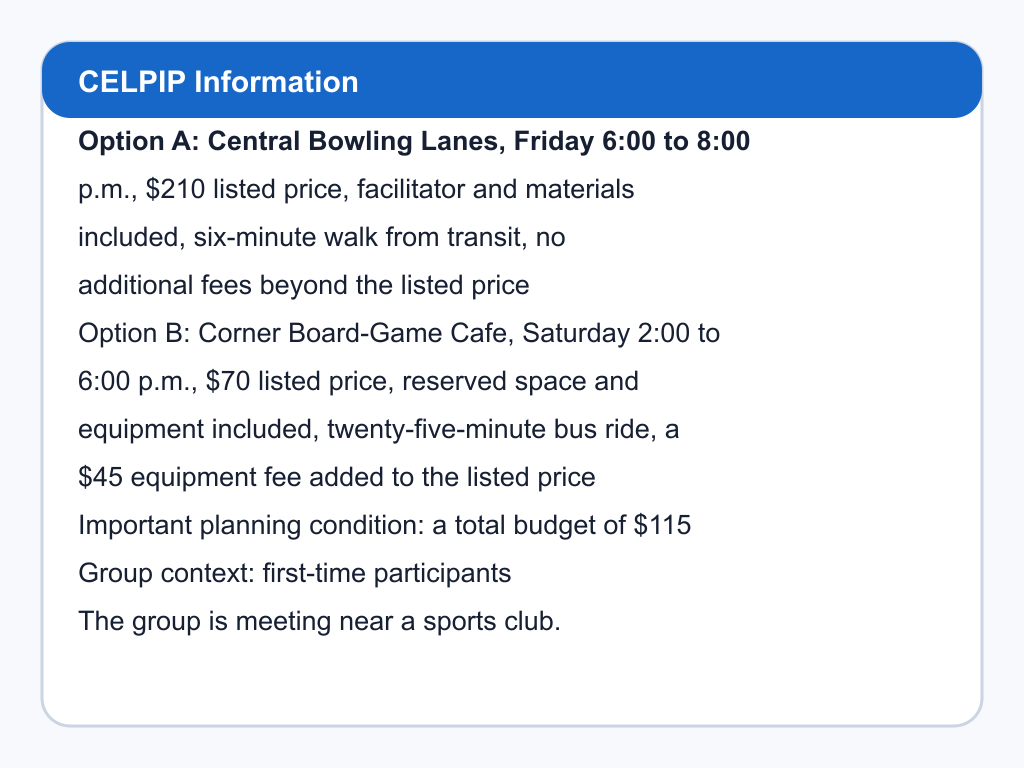 Comparison of Central Bowling Lanes and Corner Board-Game Cafe.