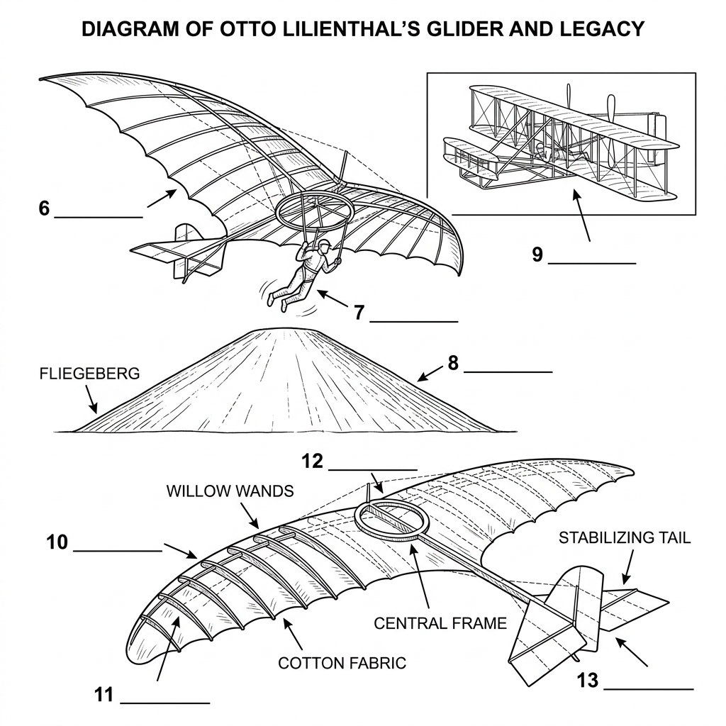A diagram of a 19th-century glider with four pointing labels for identification.