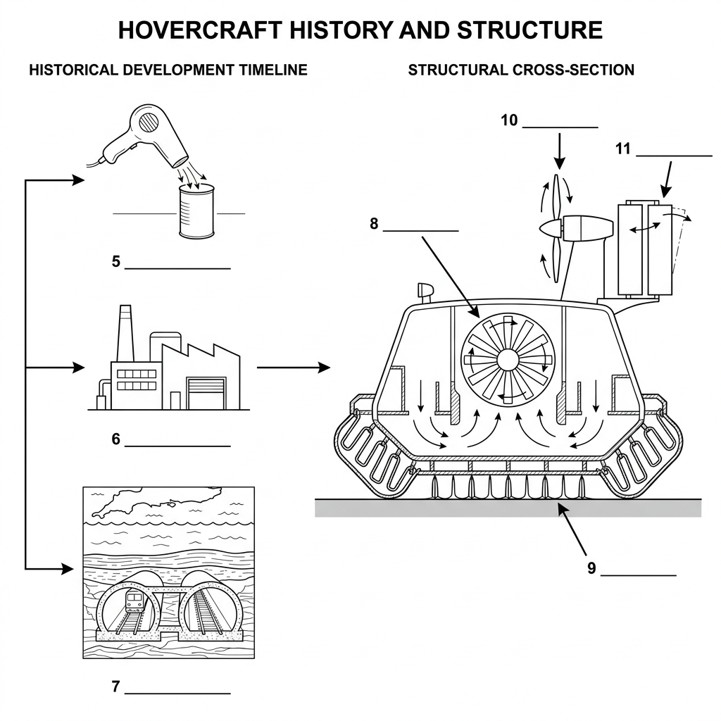 A diagram showing the internal and external parts of a hovercraft, with four labels marked A, B, C, and D pointing to the internal fan, the rubber skirt, the separate propeller, and the rudders respectively.