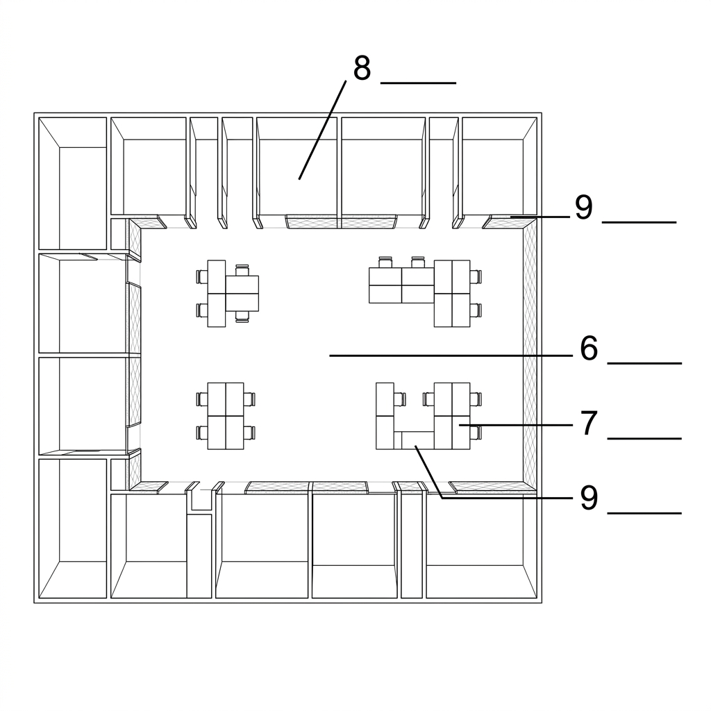 Floor plan diagram of an agile classroom showing a central open area, smaller perimeter rooms, transparent partitions, and wheeled furniture, with labels 6 through 9.