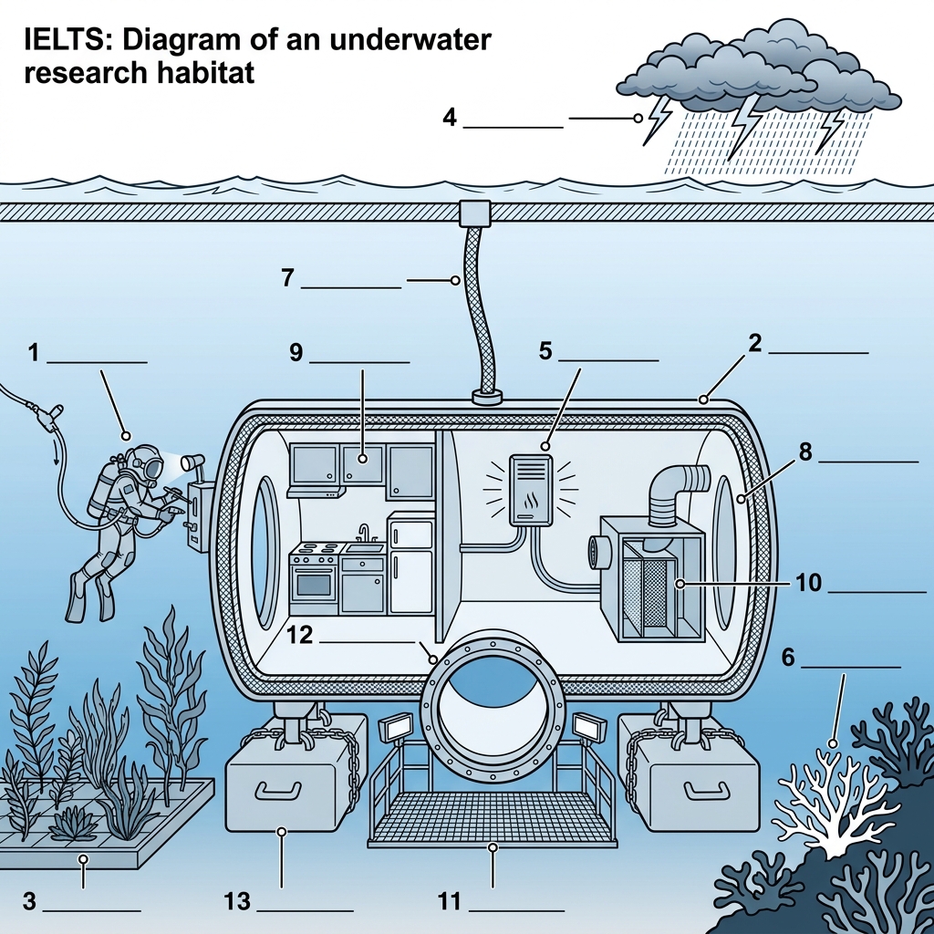 Diagram of an underwater research habitat with numbered labels from 7 to 13.