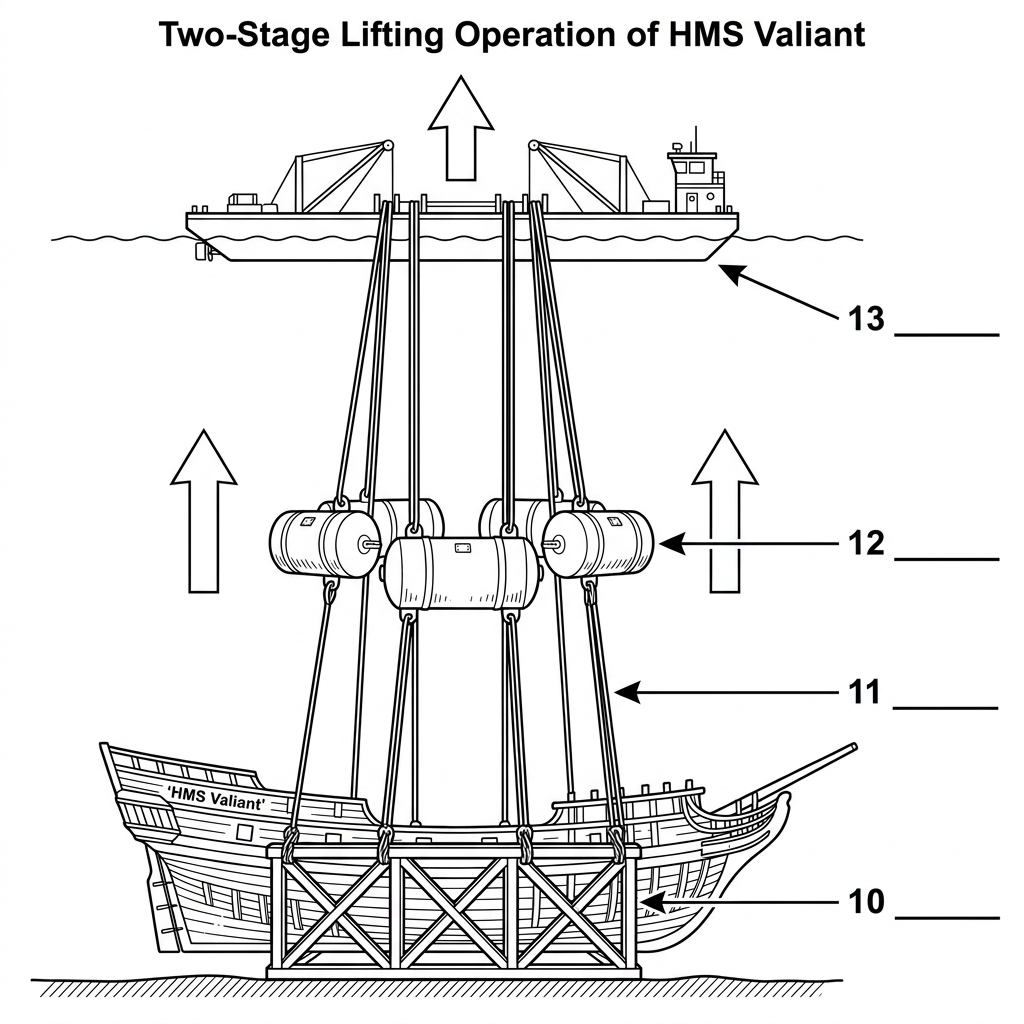 Diagram of the HMS Valiant lifting operation showing structural frame, cables, lifting floats, and surface vessel.