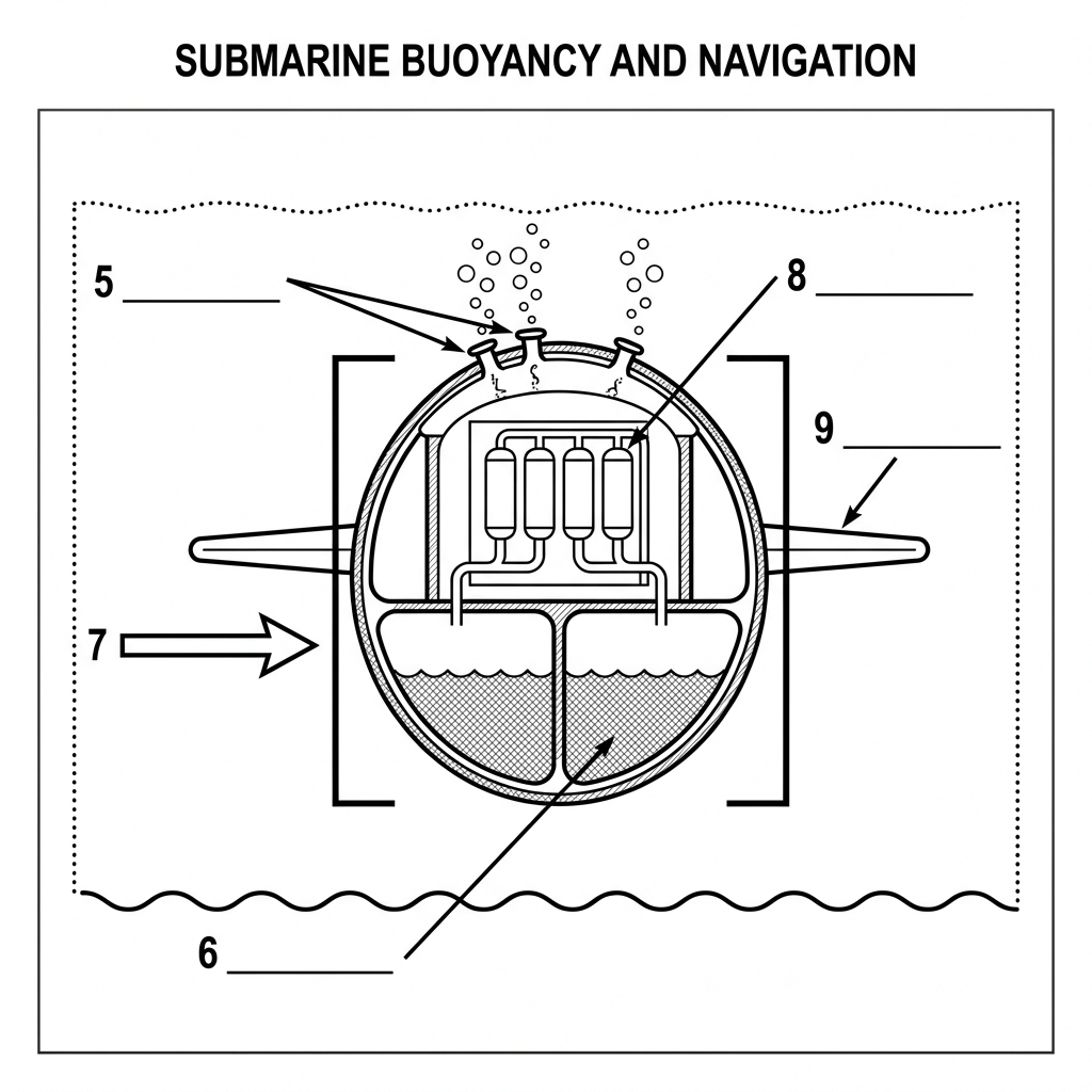 Diagram of a submarine's mechanics with labels 5 through 9 for completion