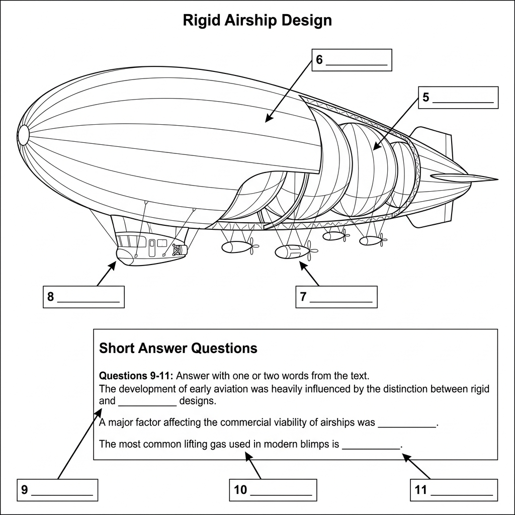 Diagram of a rigid airship with parts labeled A to D.