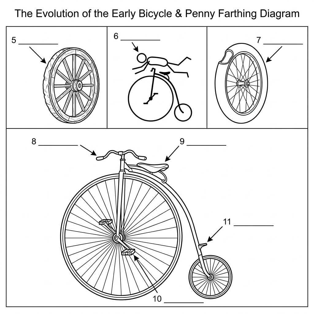 A diagram of a Penny Farthing bicycle with four labeled arrows pointing to specific components.