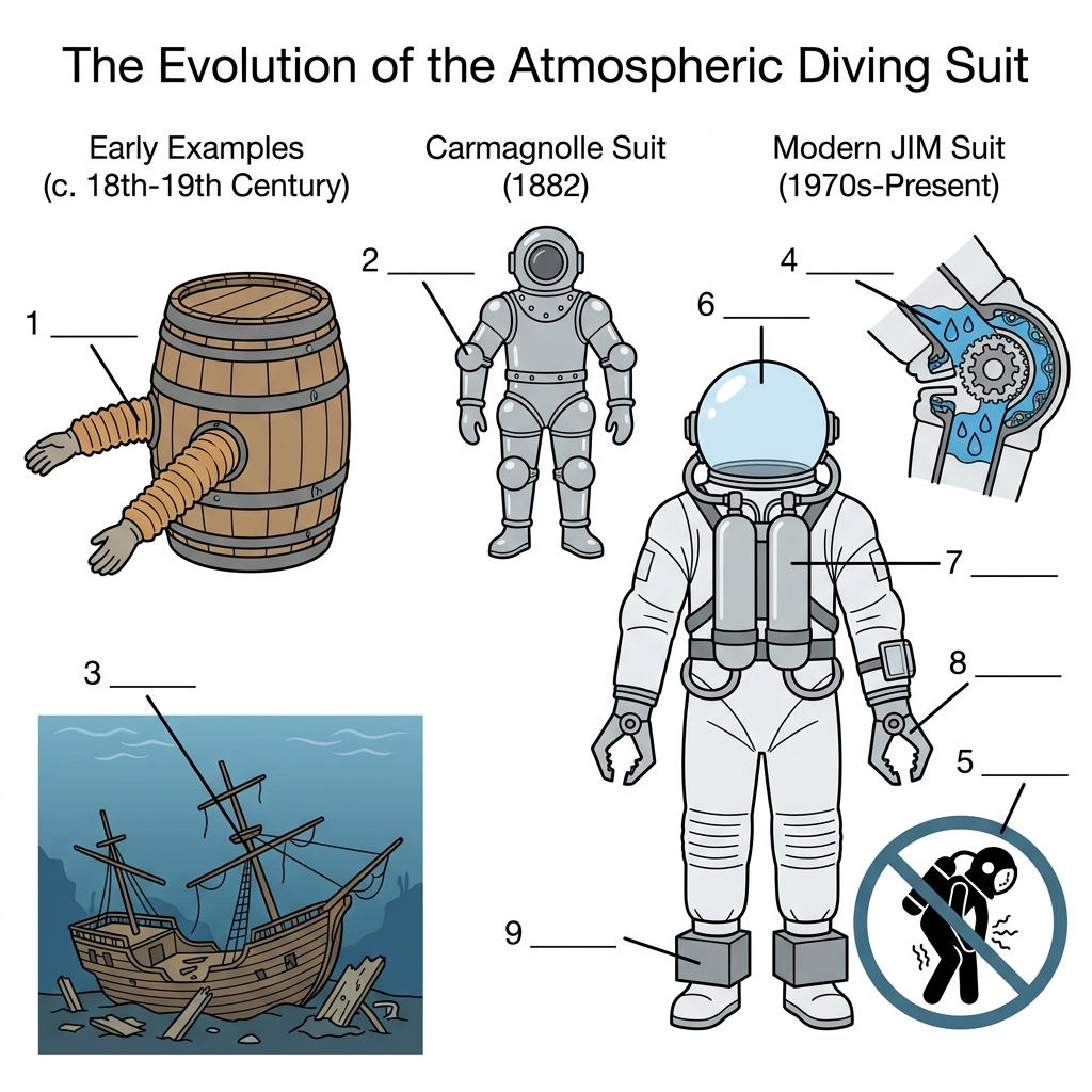 Diagram of the JIM atmospheric diving suit with four labeled pointing lines.