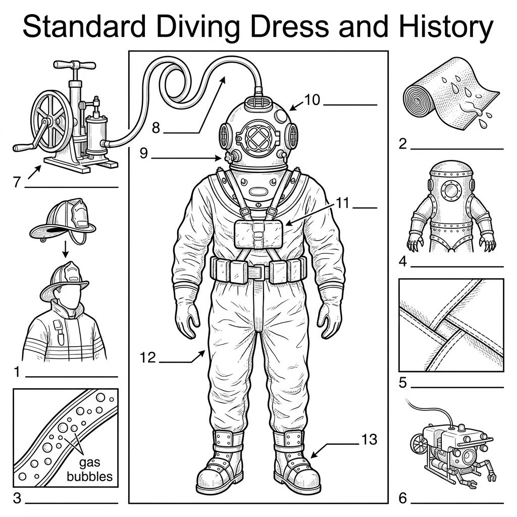Diagram of the standard diving dress from the 19th century with numbered labels pointing to its main components.