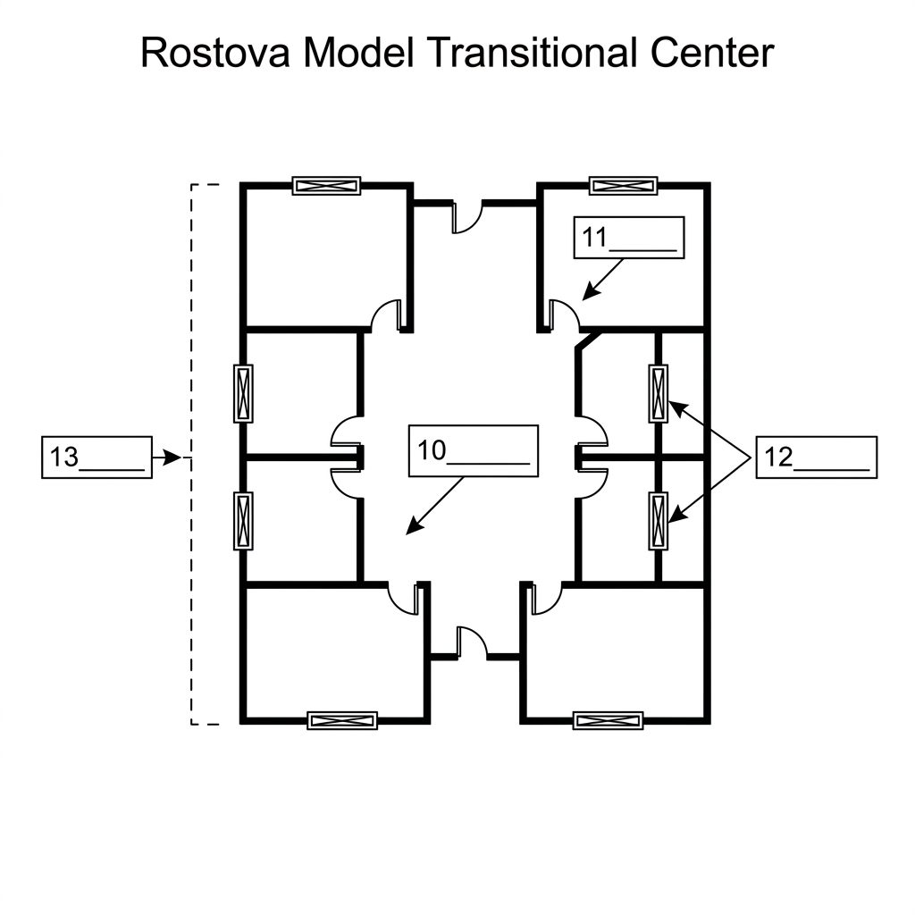 Floorplan of a transitional center with individual rooms and a shared central area.