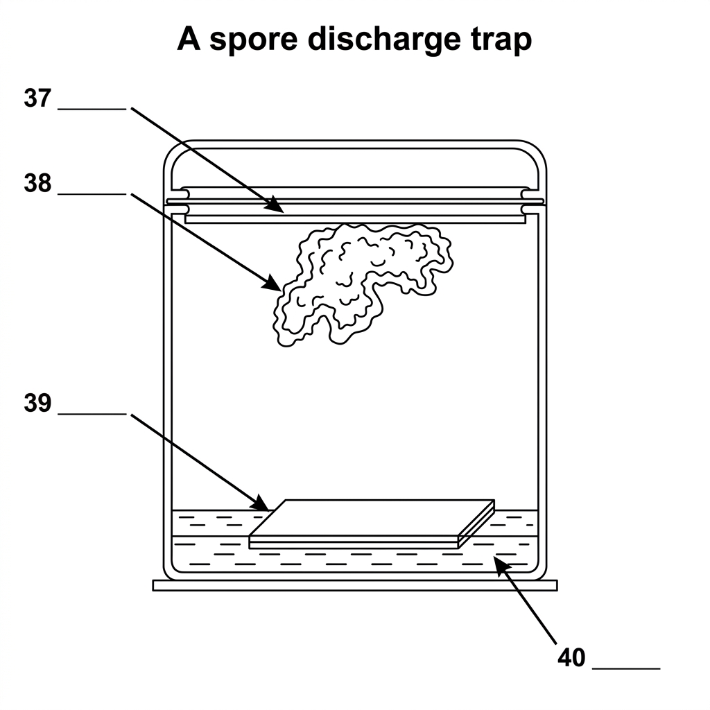 A diagram of a spore discharge trap showing parts labeled 37 to 40 inside a glass chamber