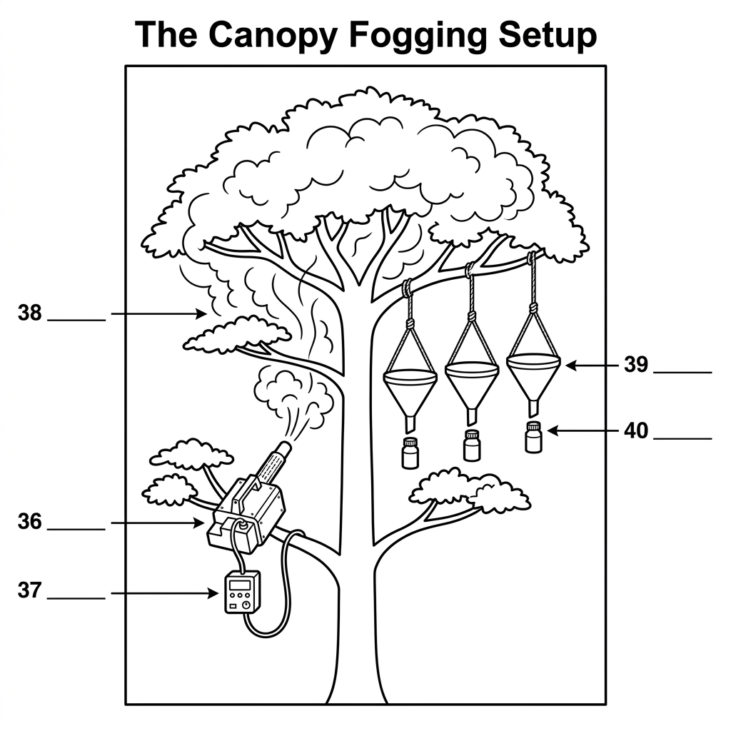 Diagram of a canopy fogging setup showing a fogger machine in a tree, rising vapor, and funnel trays with bottles below.