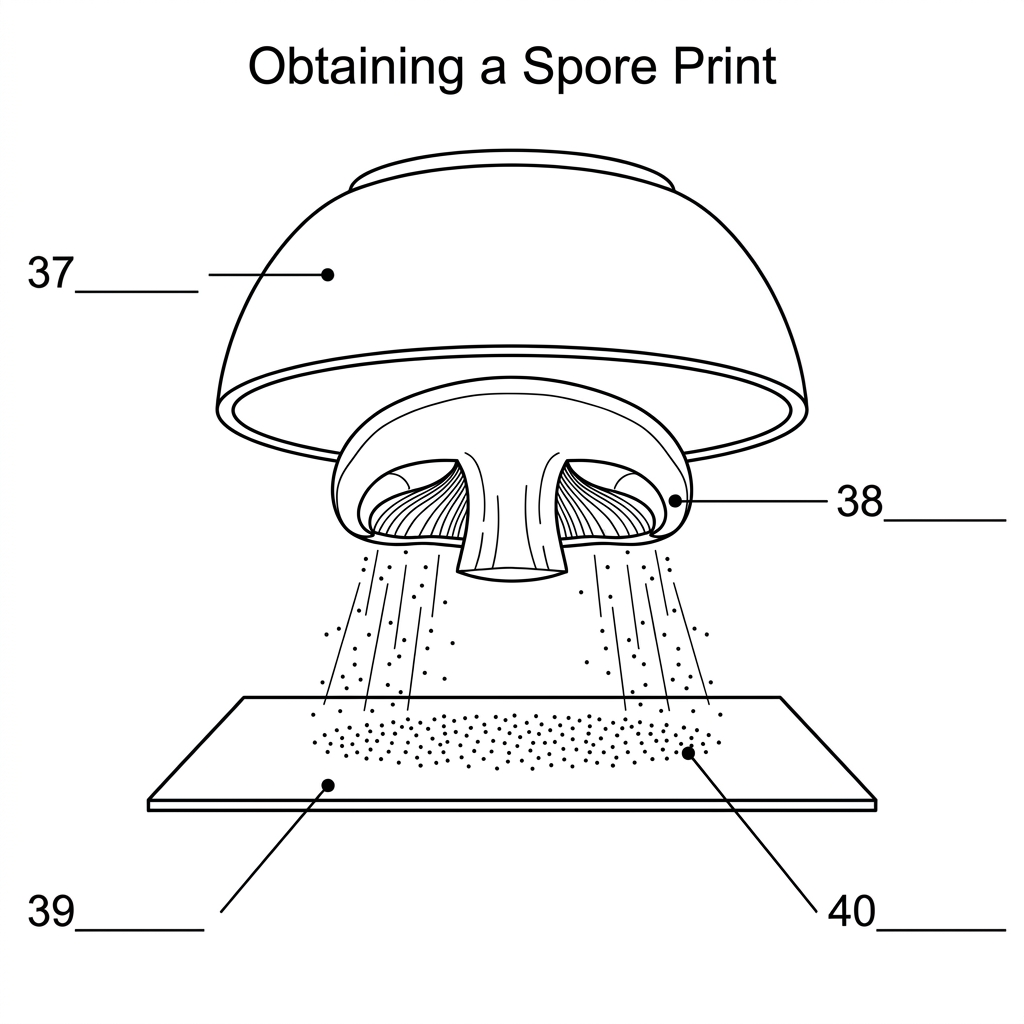 Diagram showing a mushroom cap resting gills-down on a flat surface, covered by a larger dome-shaped container, with particles falling from the cap.