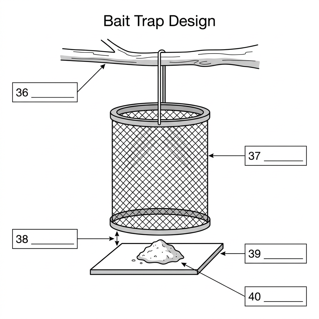 Line drawing of a bait trap showing its hanging mechanism, upper cylinder, entry space, and bottom base with bait.