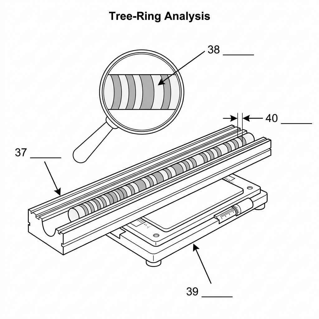 Diagram showing the processing of a tree-ring sample in a laboratory