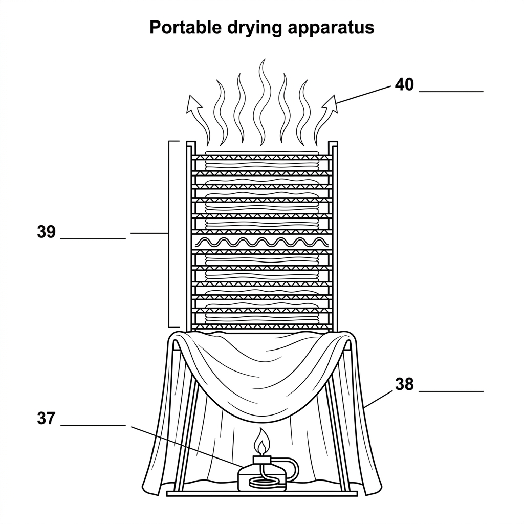 Diagram showing a plant press suspended above a heat source with a protective skirt and cardboard ventilators.