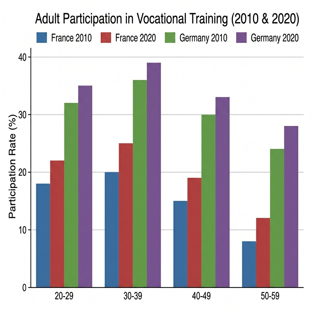 A bar chart showing adult vocational training participation rates by age group in France and Germany for 2010 and 2020.