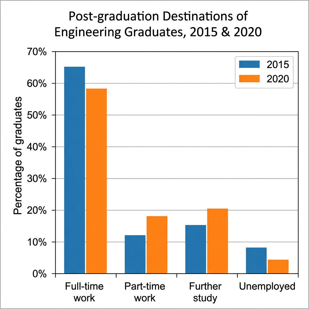 A grouped bar chart showing post-graduation destinations of engineering graduates in 2015 and 2020.