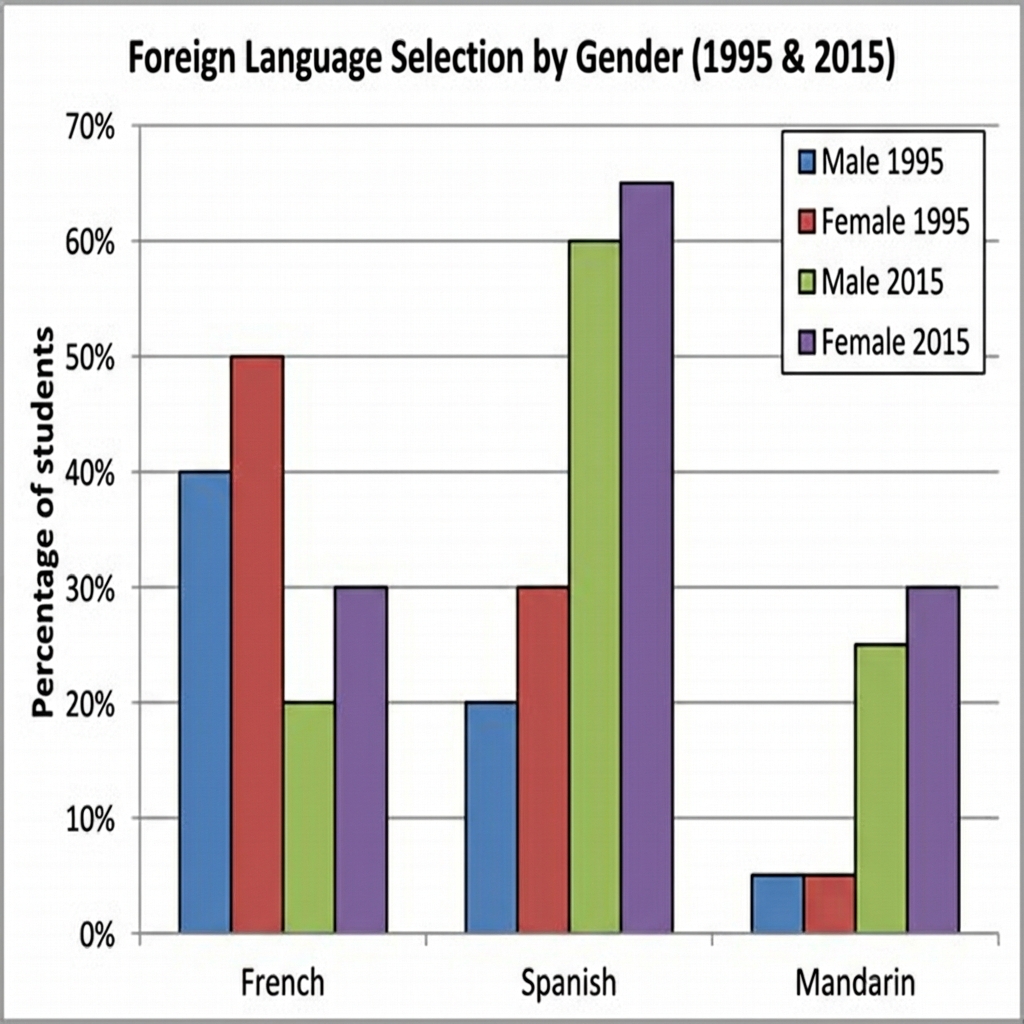 A bar graph showing the proportion of male and female students studying French, Spanish, and Mandarin in 1995 and 2015.