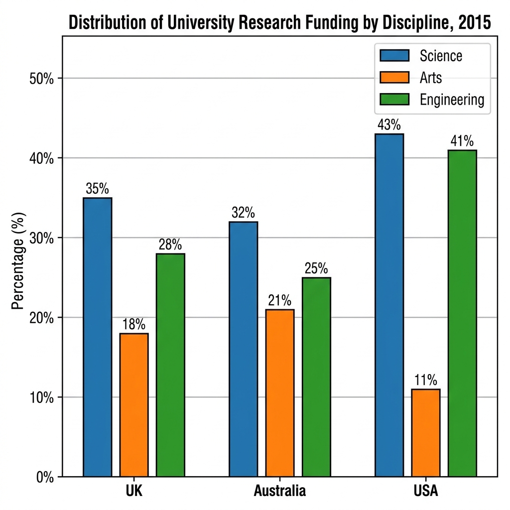 A bar chart showing the percentage of university research funding across four academic disciplines in three countries in 2015.