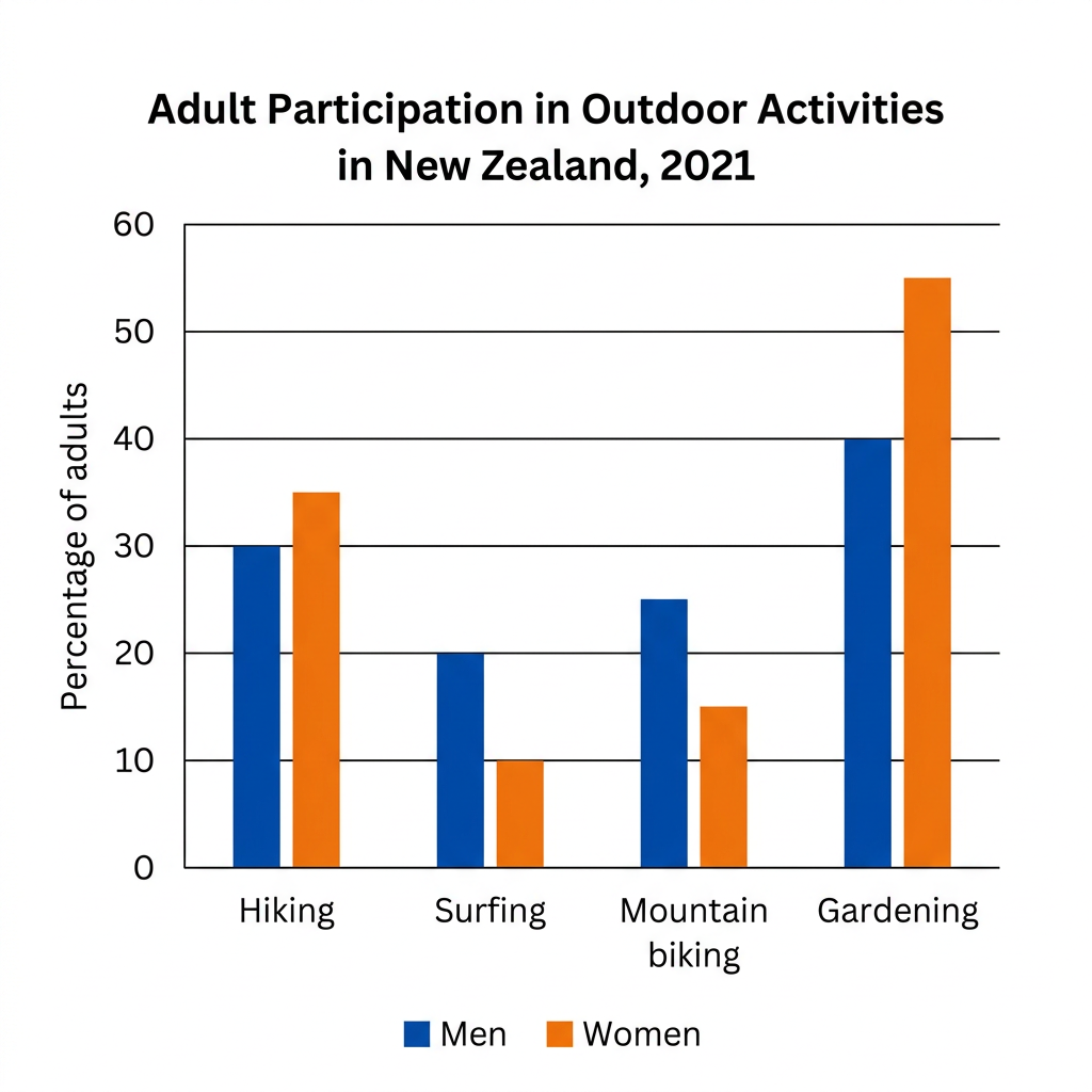 A bar chart showing the participation rates of New Zealand adults in four outdoor activities across three age groups in 2021.