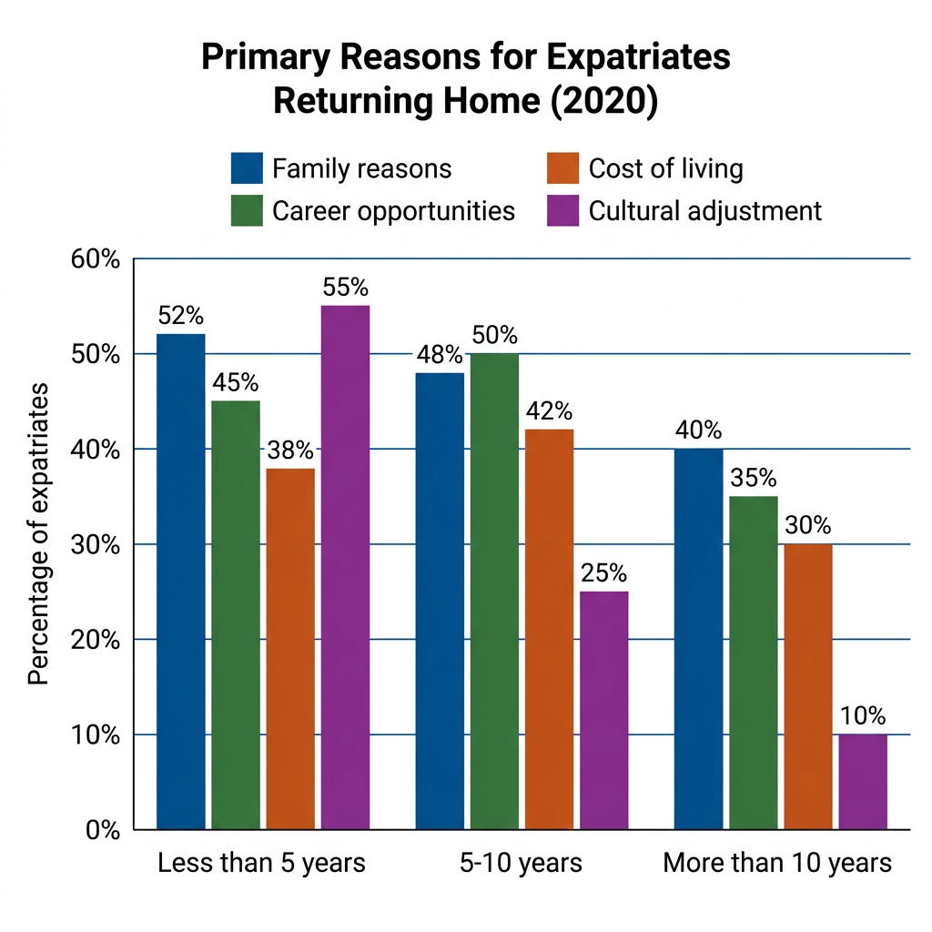 Bar chart showing reasons for expatriates returning home by duration of stay abroad