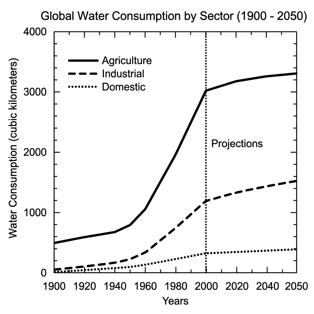 A line graph showing global water consumption trends for agriculture, industry, and domestic sectors between 1900 and 2050.