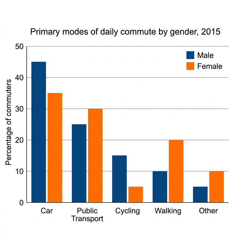 Writing task 1 visual: Bar chart showing commuting methods by gender