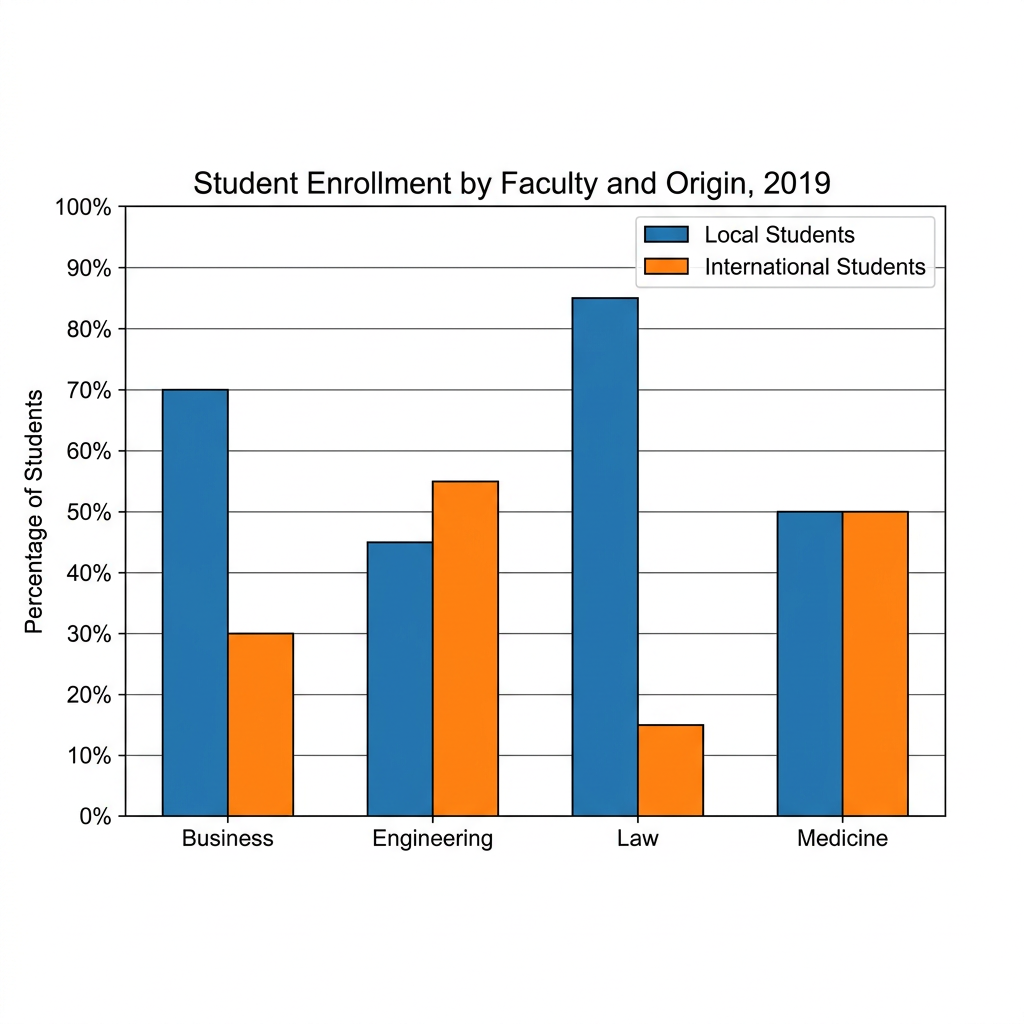 A bar chart showing the percentage of local and international students across four faculties at a Canadian university in 2019.