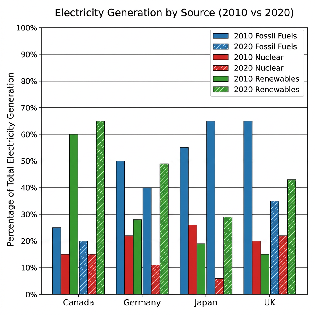 A grouped bar chart comparing the percentage of electricity generated from coal, nuclear, and renewables in Canada, Germany, Japan, and the UK for the years 2010 and 2020.