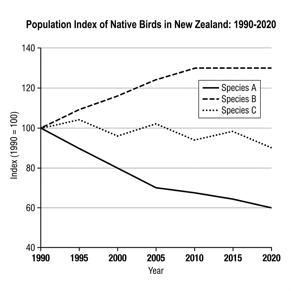 Line graph showing the population index of three native bird species in New Zealand between 1990 and 2020.