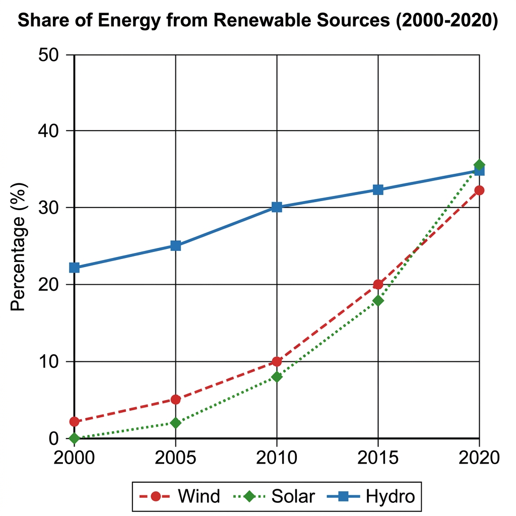 Line graph showing the percentage of total energy from renewable sources in Brazil, Germany, China, and India from 2000 to 2020.