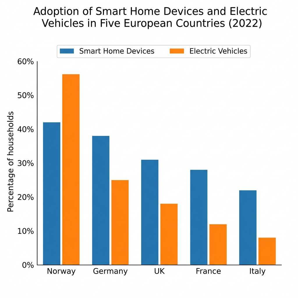 A bar chart showing the percentage of households with smart home devices and electric vehicles in five European countries.