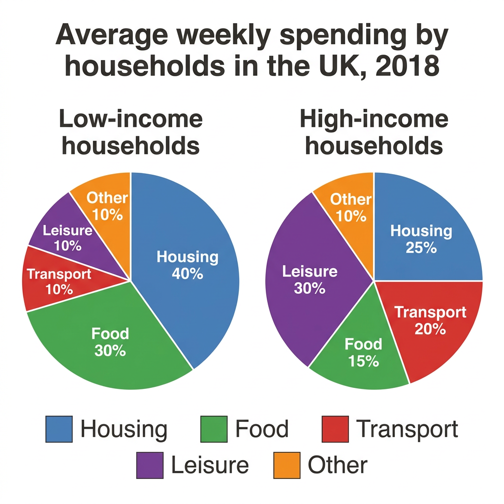 Two pie charts comparing average weekly household spending for low-income and high-income groups in the UK in 2018.