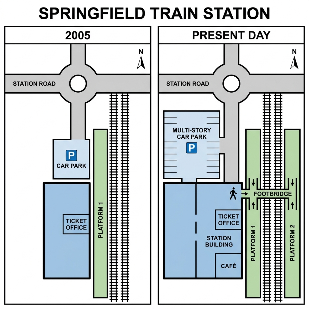 Two maps showing the layout of a train station in 2005 and the present day.