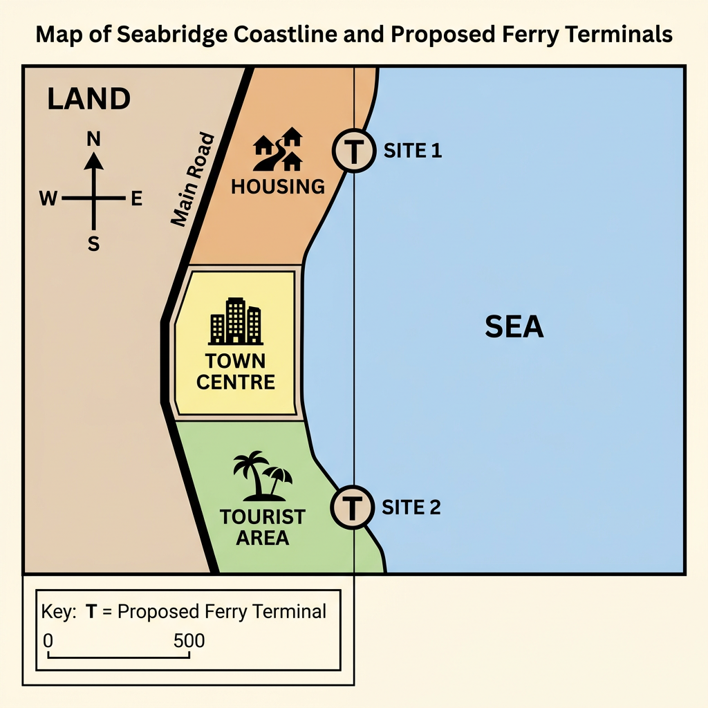 Map of the coastal town of Seabridge showing two proposed sites for a new ferry terminal.