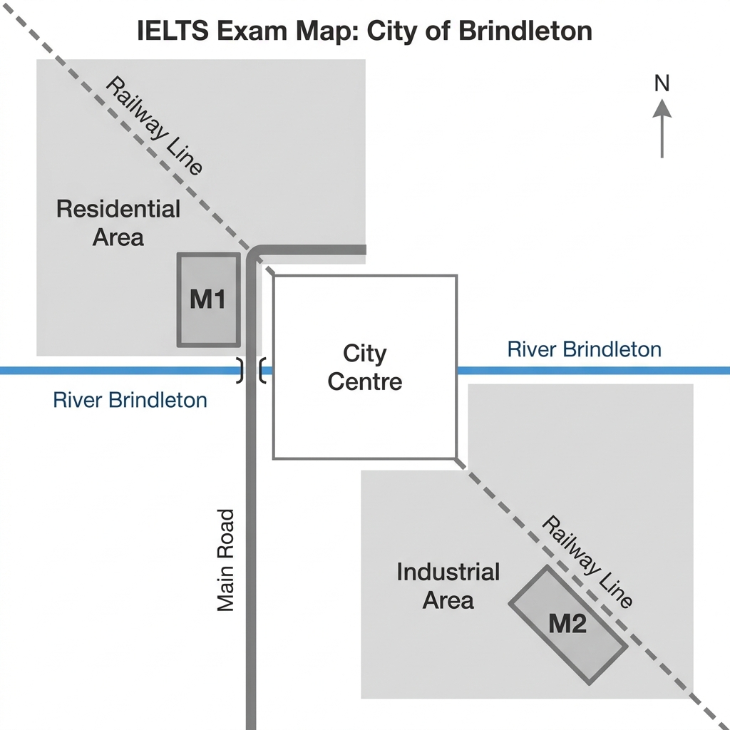 Map of the city of Brindleton showing two proposed sites for a new shopping mall.