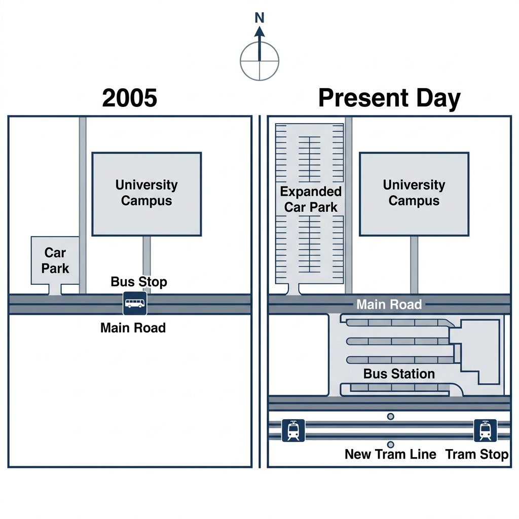 Two maps showing a university campus layout and transport infrastructure in 2005 and the present day.