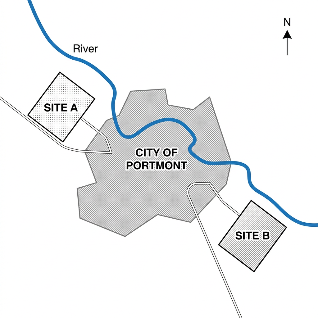 Map of the city of Portmont showing two proposed sites for a new commercial airport.